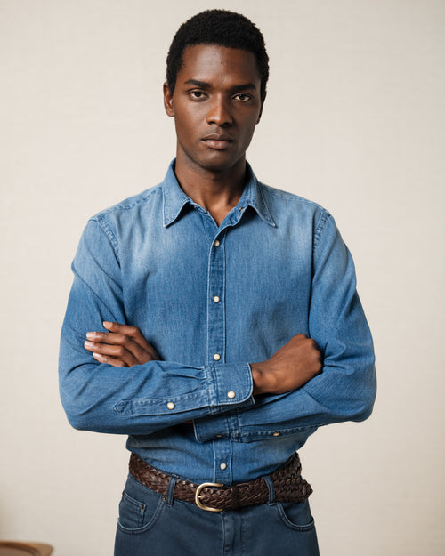 DTT - Gonna di jeans midi lavaggio acido blu con spacco sul davanti