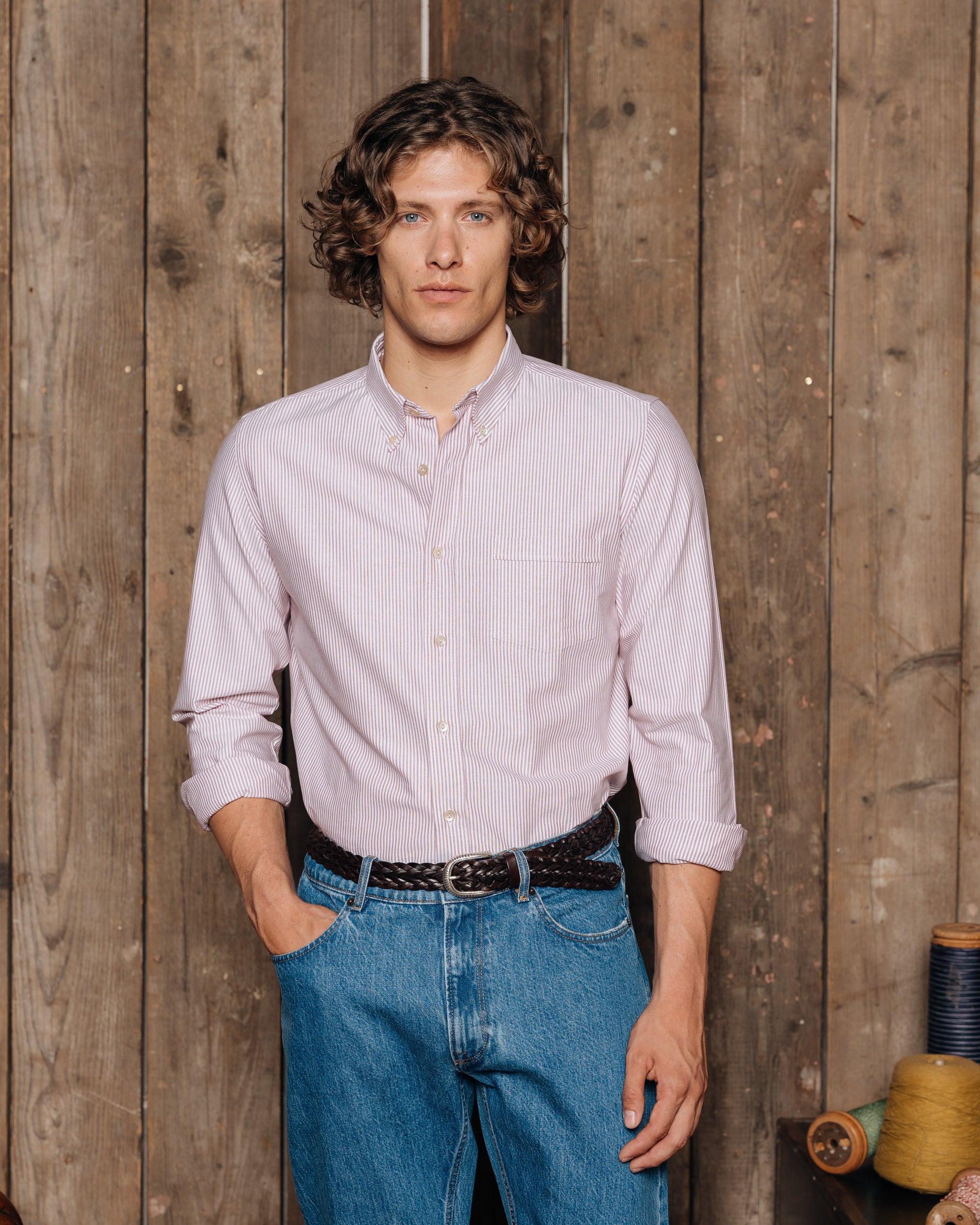 Camicia in cotone Oxford a righe bianche e bordeaux | Velasca