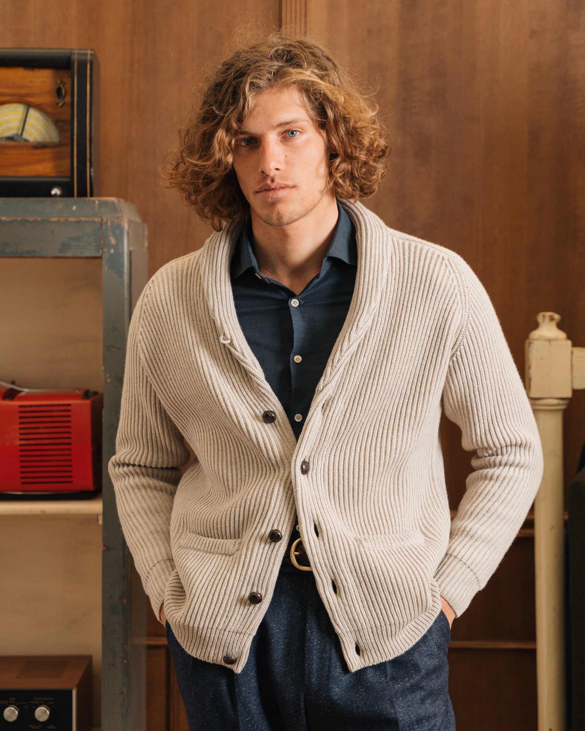 Maglione Uomo Collo A Scialle Giacca 100% Lana, Collo A Made In